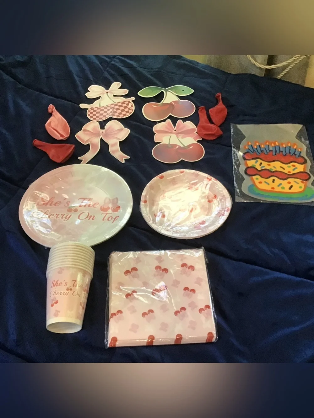 New “She’s the Cherry on Top” Birthday Supplies, Plates, Cups, Etc.
